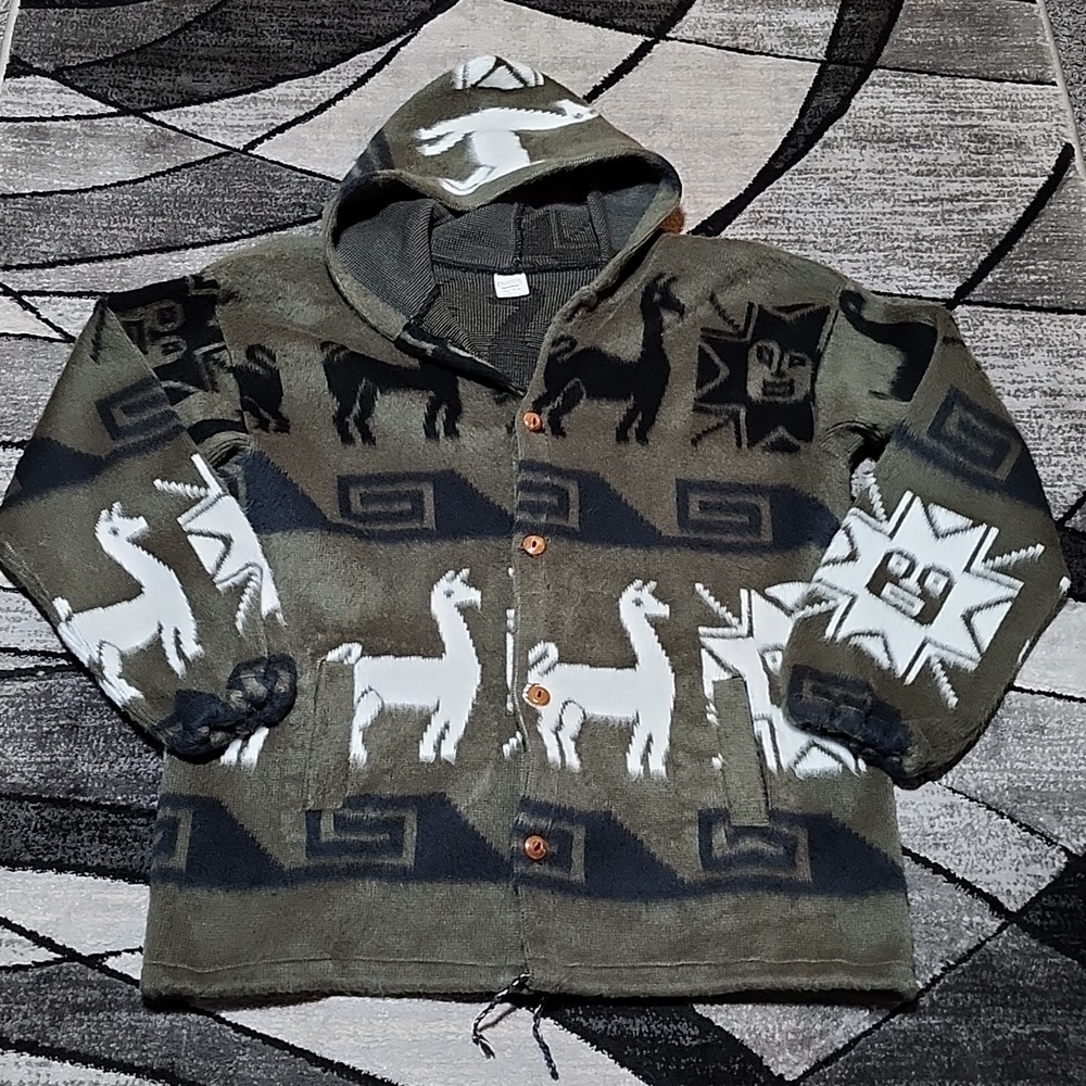 VINTAGE ARTESANIAS WOOL ALPACA TRIBAL UNISEX BUTTON-DOWN HOODIE JACKET 2…